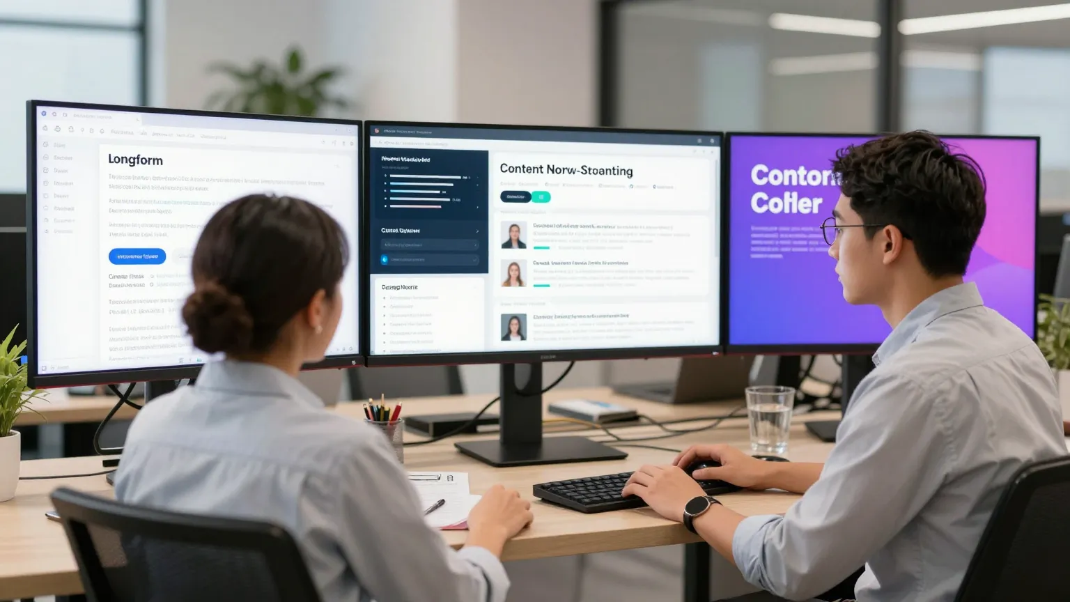 Dos personas trabajando en computadoras con pantallas múltiples en una oficina moderna.