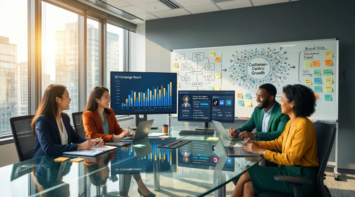 Reunión de equipo de marketing discutiendo estrategias de crecimiento centrado en el cliente con gráficos y pizarra.