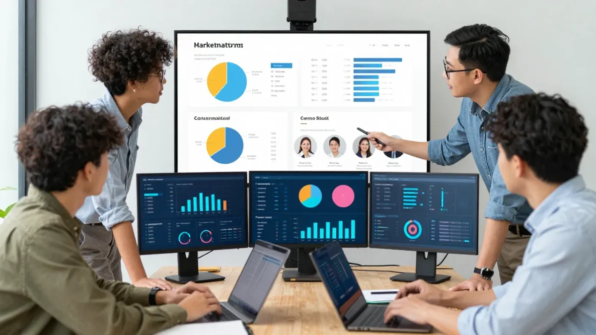 Reunión de análisis de datos: equipo colaborando frente a pantallas con gráficos y estadísticas.