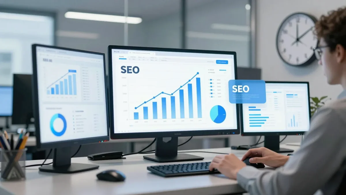 Analista revisando gráficos de SEO en pantallas de computadora en oficina moderna.