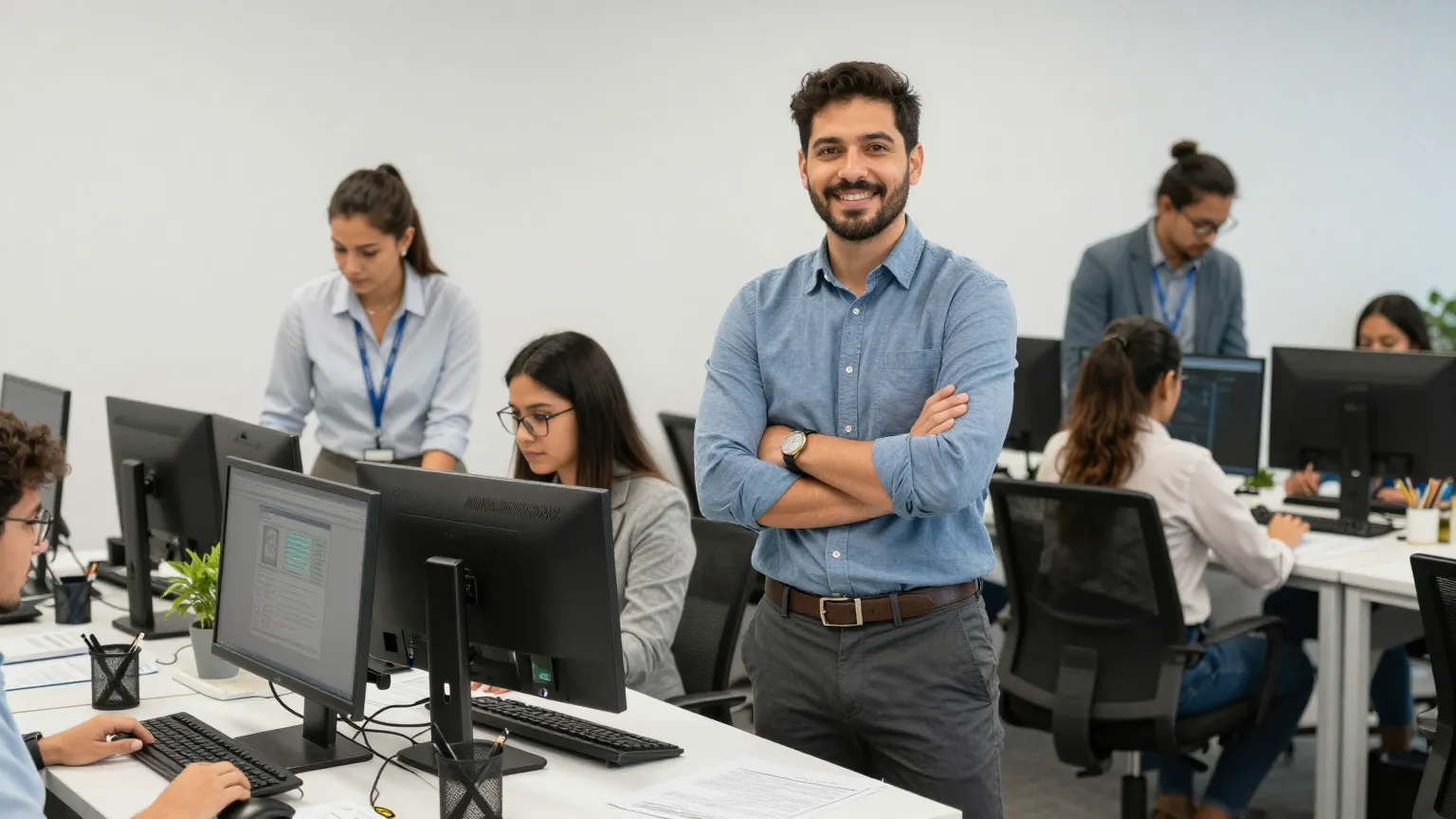 Equipo de oficina trabajando en computadoras, hombre de pie sonriendo al frente.