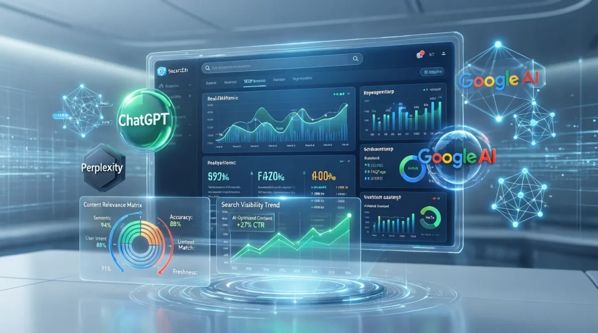 Panel de análisis SEO con ChatGPT y Google AI mostrando gráficos de datos en un ambiente futurista.