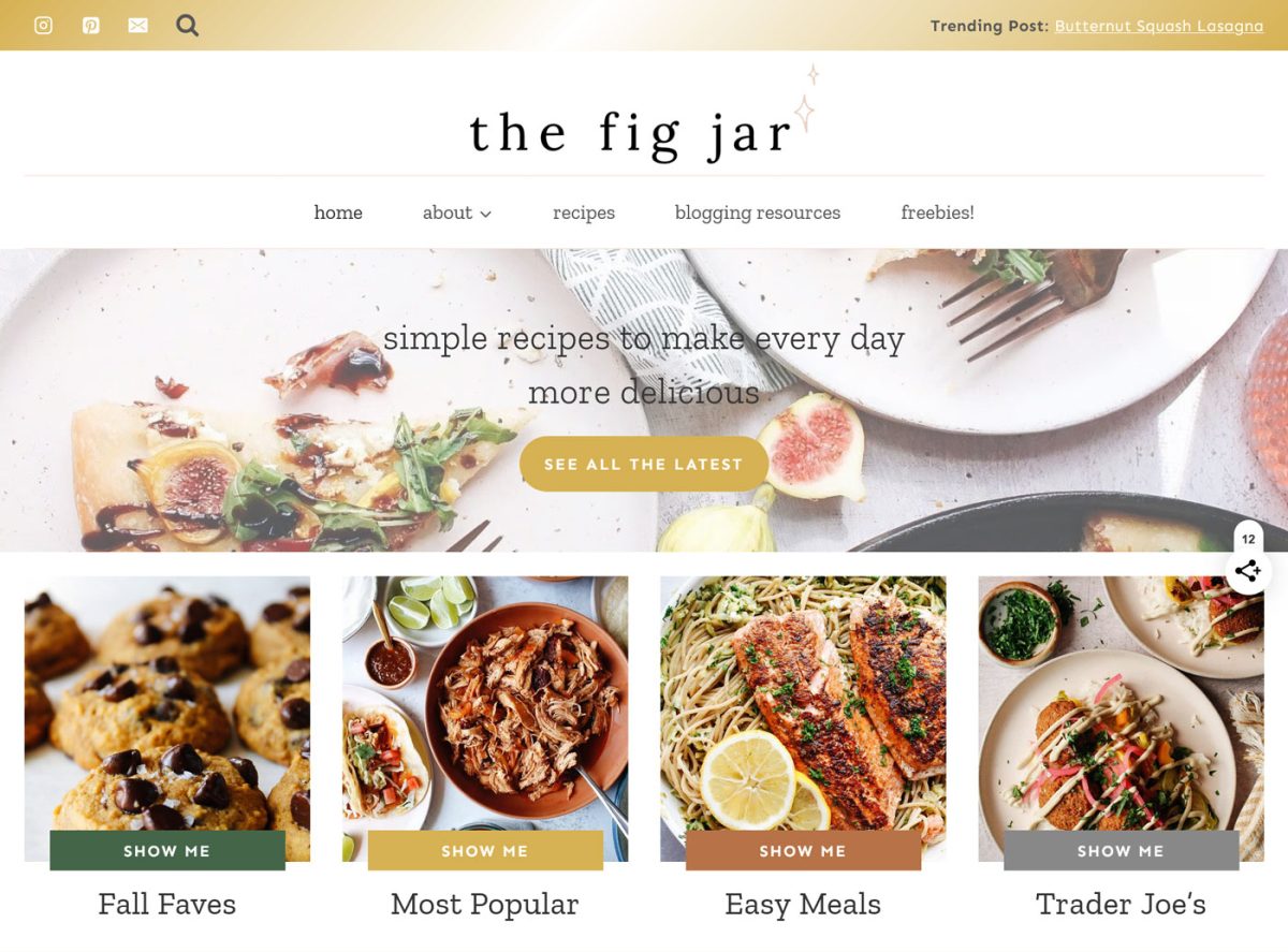 Página web de recetas en The Fig Jar con opciones de comida fácil, popular y favorita de otoño.
