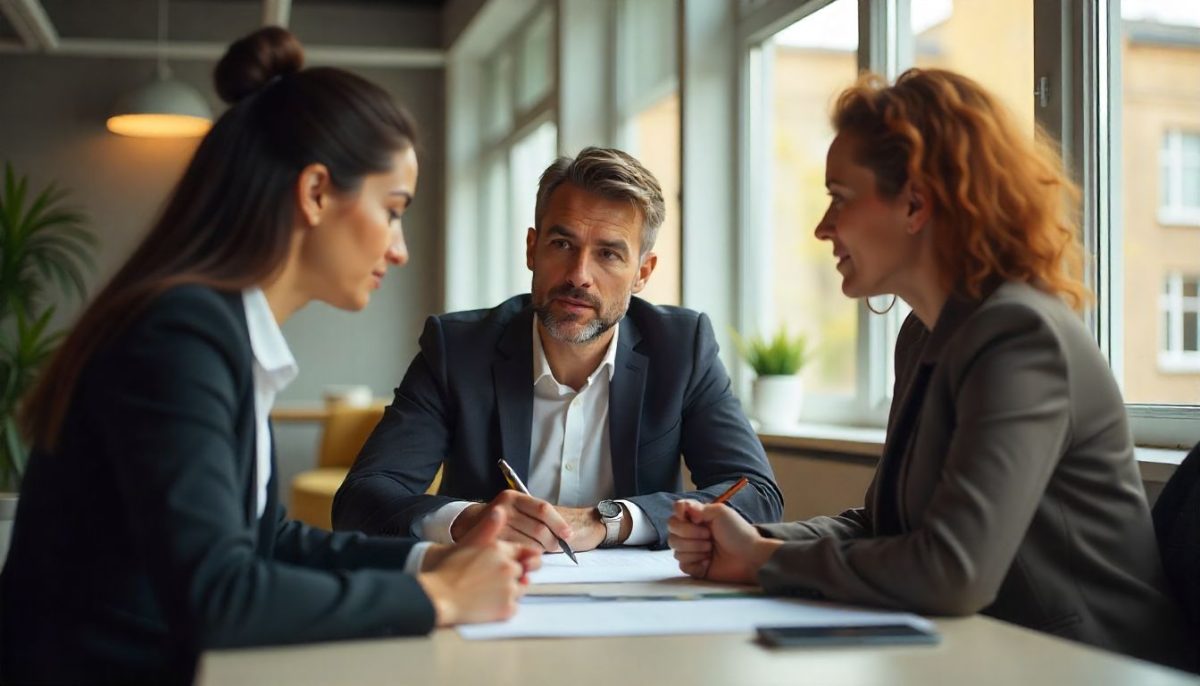 Reunión de negocios en oficina, tres personas dialogando sobre documentos en una mesa.