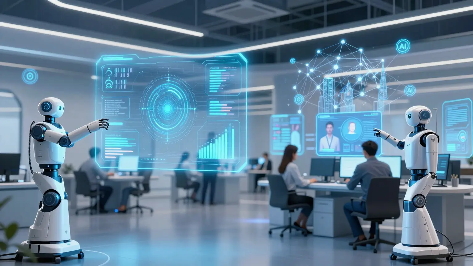 Robot interactuando con pantallas holográficas en una oficina moderna, donde se analiza datos y se fomenta la colaboración.