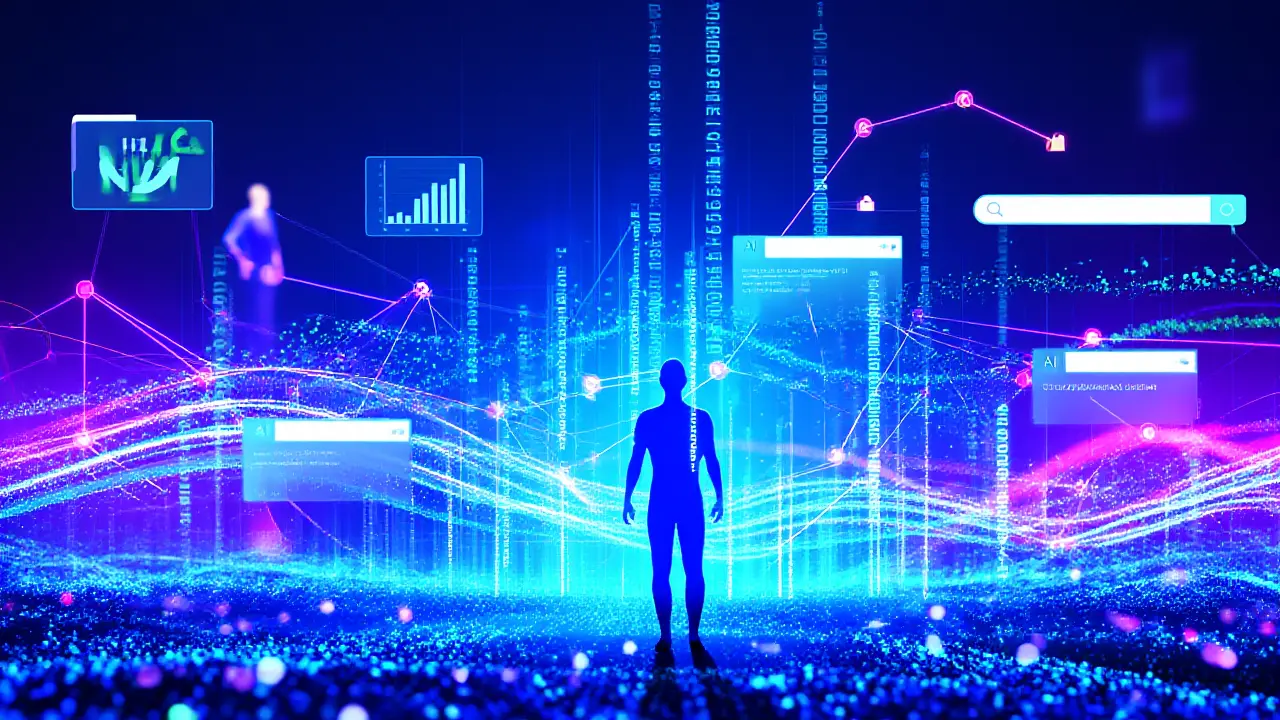 Persona en un entorno digital futurista, rodeada de gráficos y datos en tonos azules y morados. Representación de tecnología y datos.