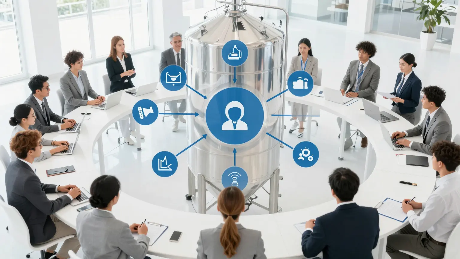 Reunión empresarial en un entorno moderno, donde se discuten ideas y se utilizan tecnologías de comunicación.