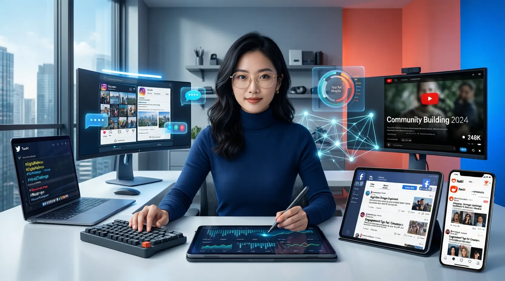 Mujer trabajando en redes sociales y análisis de datos, rodeada de dispositivos en un entorno moderno y profesional.