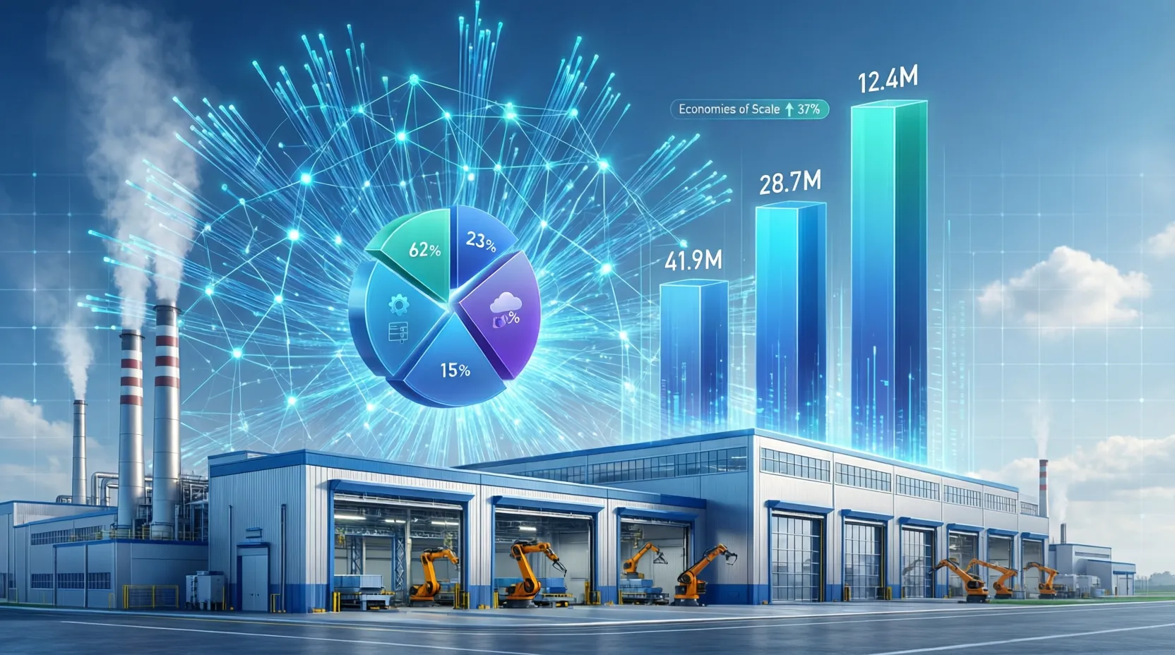Visualización de datos industriales con gráficas y estadísticas sobre economías de escala y producción en una fábrica moderna.