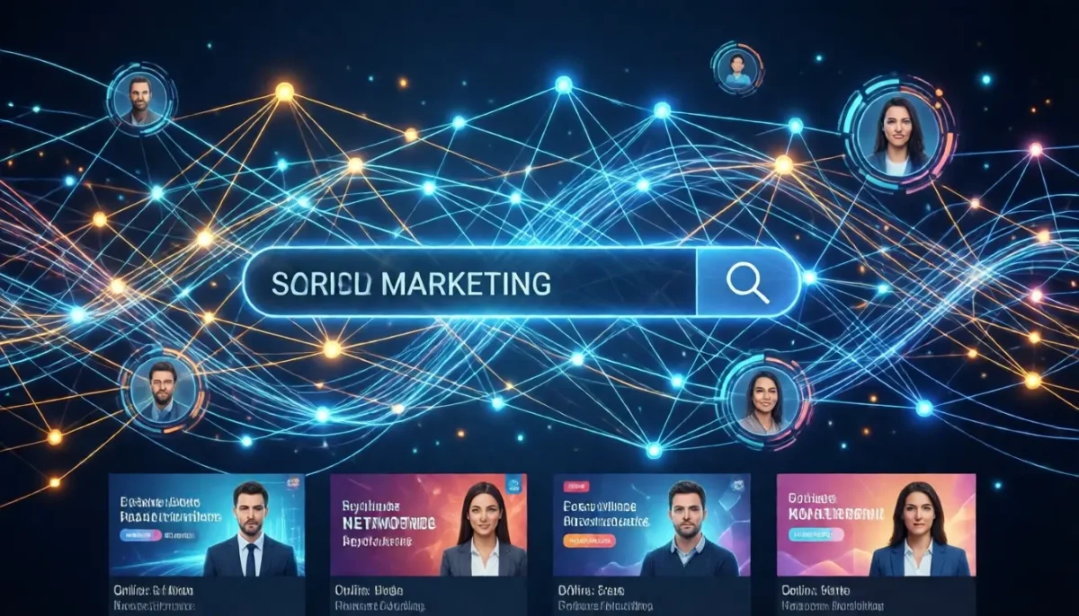 Red de conexiones digitales en el marketing, mostrando perfiles profesionales y la búsqueda de información en línea.