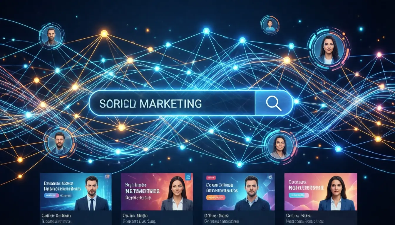 Red de conexiones digitales en el marketing, mostrando perfiles profesionales y la búsqueda de información en línea.