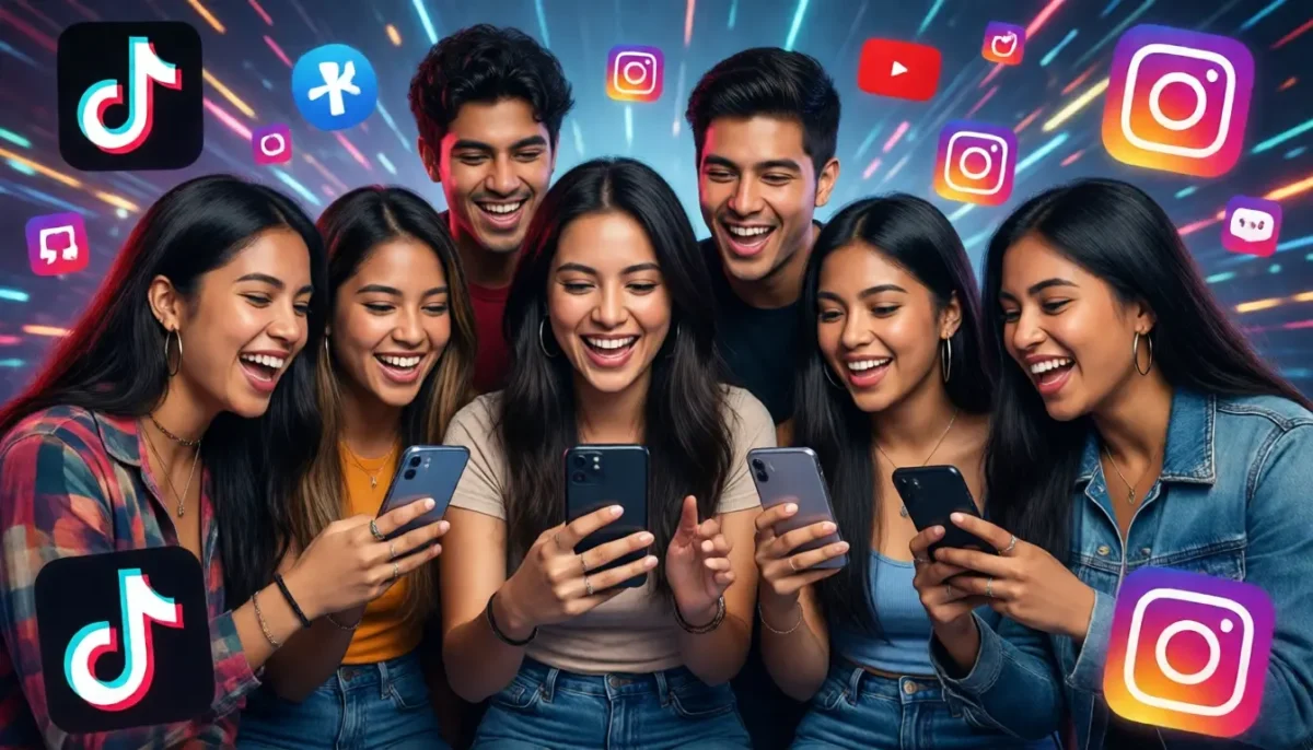 Grupo de jóvenes sonriendo y usando sus teléfonos móviles, disfrutando de redes sociales como TikTok e Instagram.