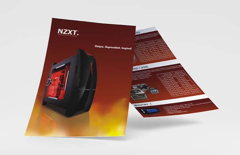 Diseño de folleto de NZXT con un elegante chasis de PC y datos técnicos. Innovación y estilo en gaming.