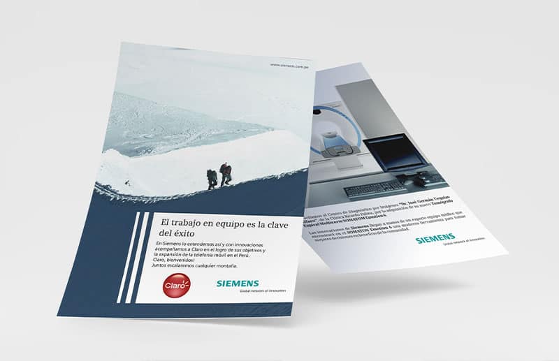 Folleto de Siemens que destaca la importancia del trabajo en equipo para el éxito en proyectos innovadores.