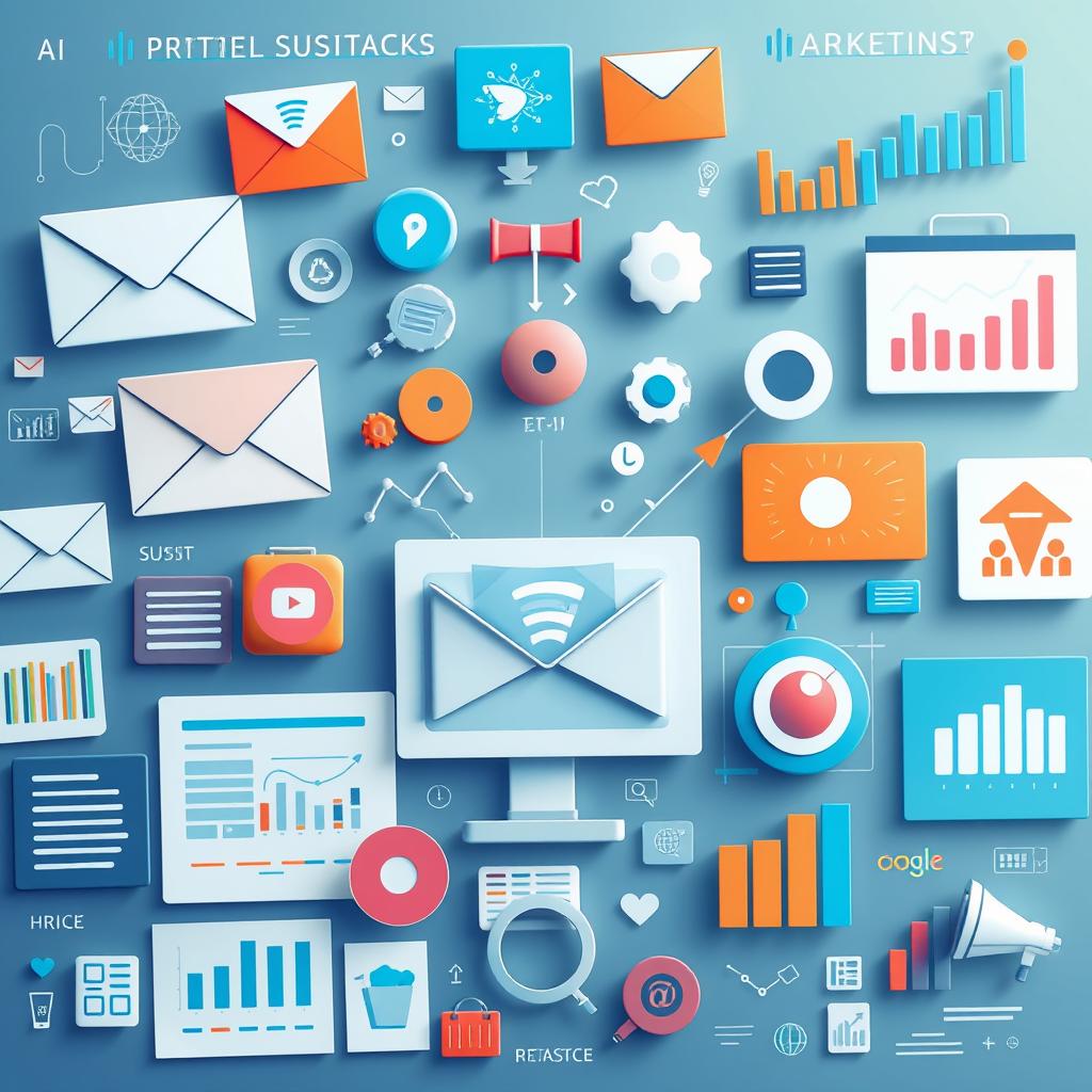 Iconos de marketing digital con gráficos, correos y redes sociales en un diseño colorido y moderno.