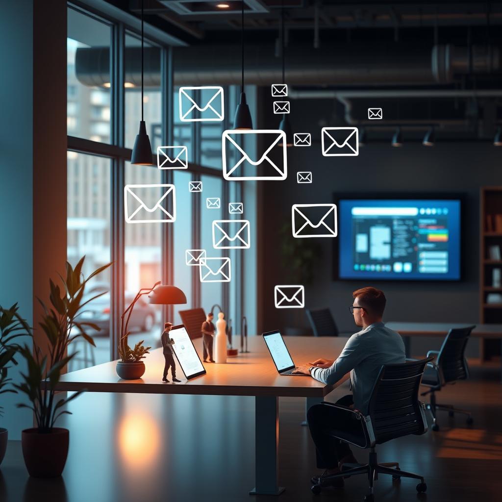 Hombre en oficina moderna enviando correos electrónicos desde su portátil, simbolizado por iconos de mensajes flotantes.