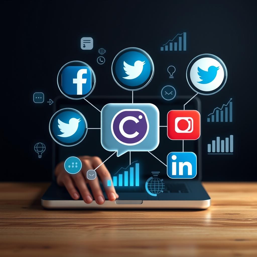 Interacción digital en redes sociales destacadas sobre una laptop con gráficos de análisis de datos.