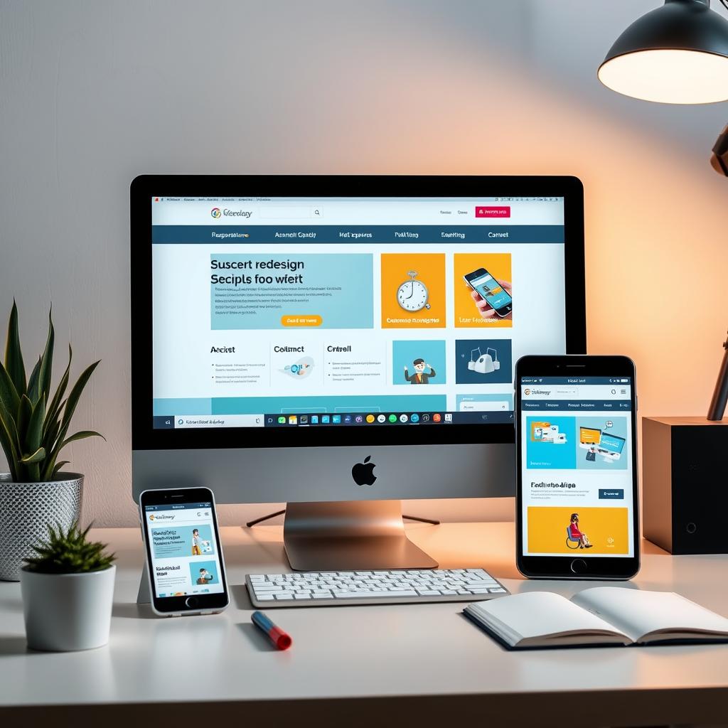 Pantalla de computadora y dispositivos móviles mostrando un sitio web, rodeados de plantas y un ambiente de trabajo moderno.