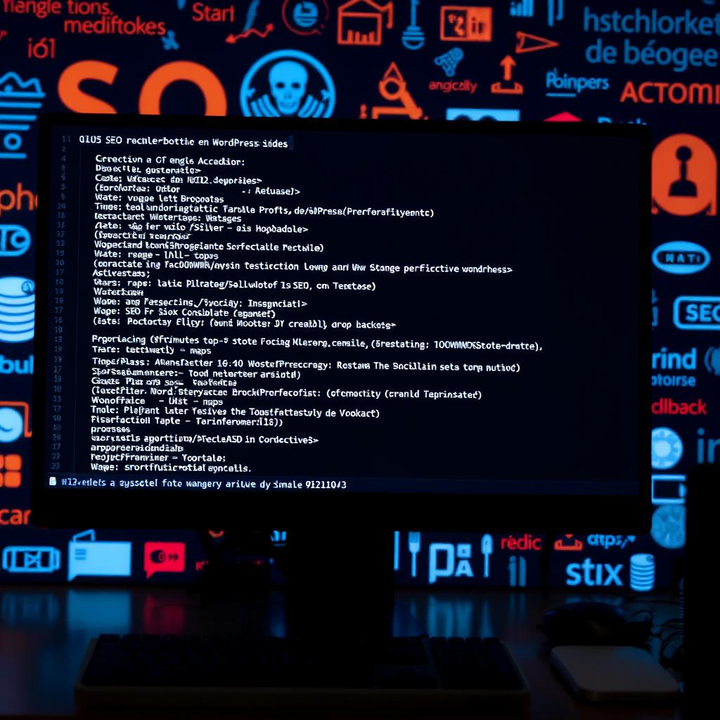 Pantalla de computadora con código sobre SEO y optimización en WordPress, fondo con íconos de redes y tecnología.