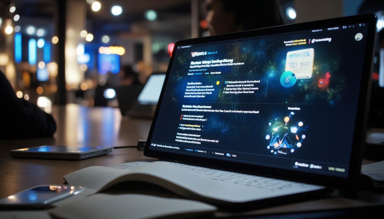 Pantalla de laptop mostrando una interfaz digital luminosa en un ambiente de trabajo moderno y colaborativo.