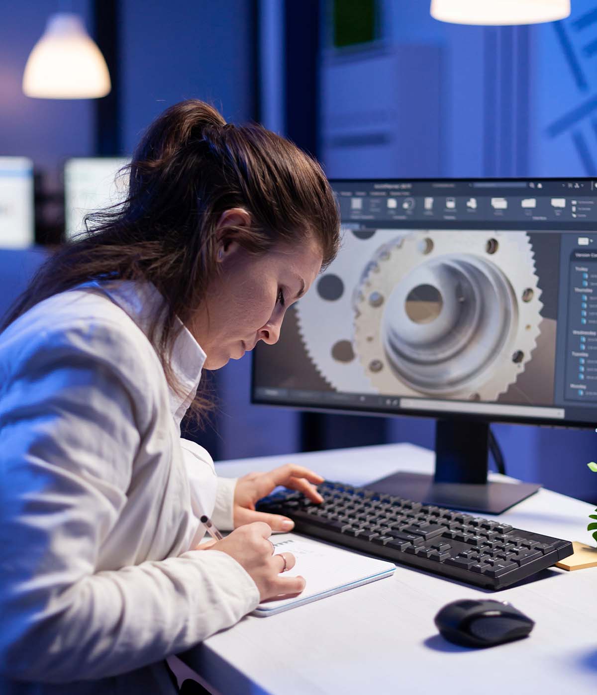Mujer trabajando en diseño técnico, tomando notas mientras observa un modelo 3D en su computadora en un entorno profesional.