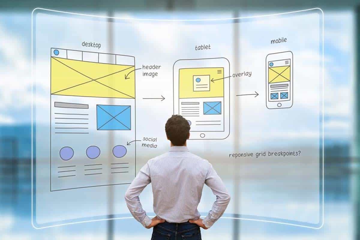 Persona observando un diseño de página web adaptable para escritorio, tablet y móvil, analizando su estructura.