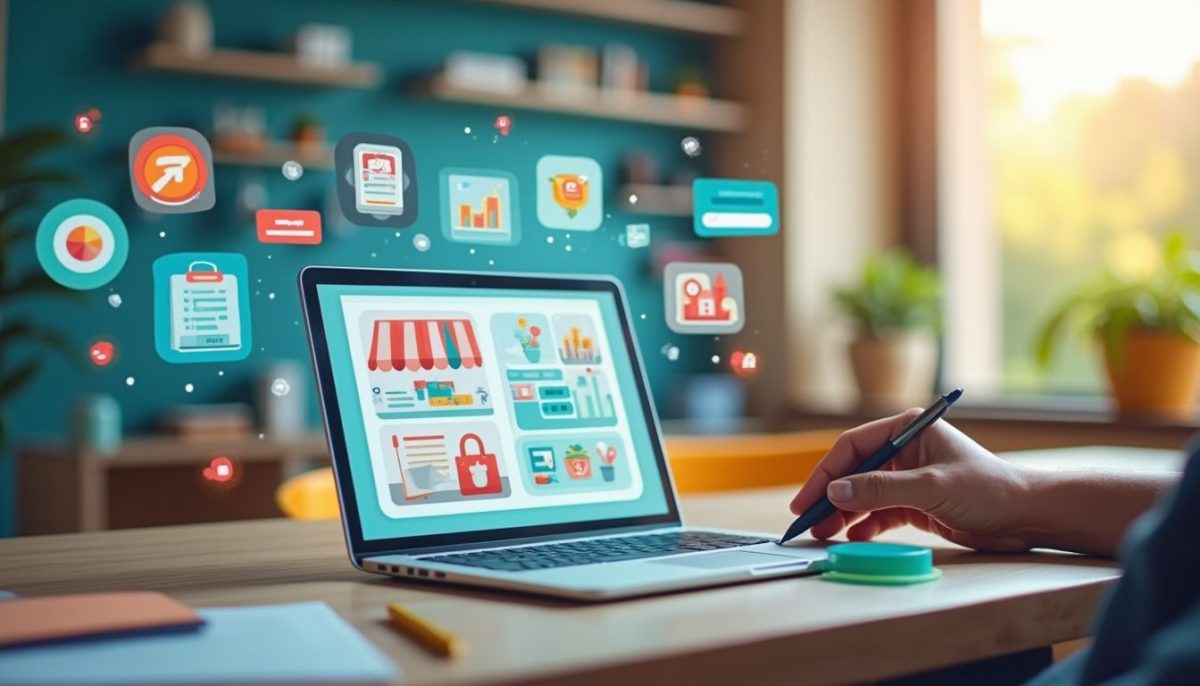 Persona utilizando un laptop con gráficos e íconos de comercio digital en un entorno de trabajo acogedor.