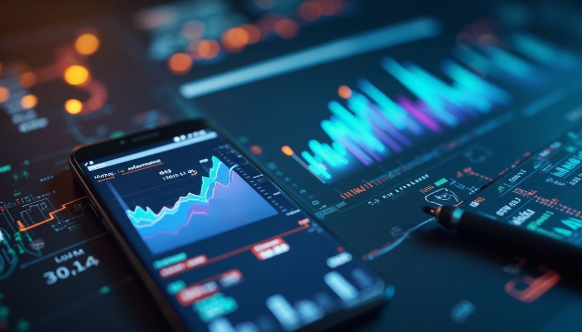 Gráficos de datos financieros en un teléfono móvil y una pantalla, mostrando análisis y tendencias en tiempo real.