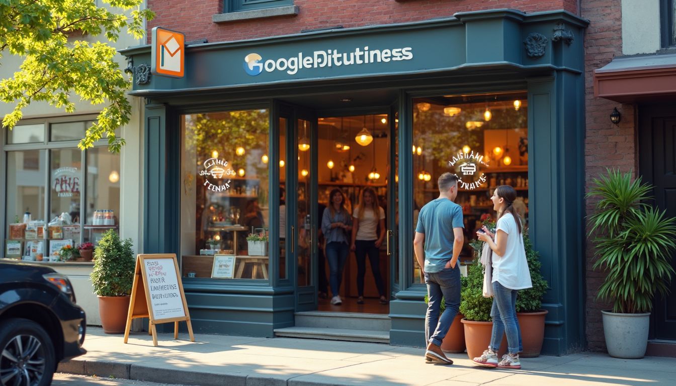Exterior de una tienda con cartel y personas conversando en la entrada, rodeada de plantas.