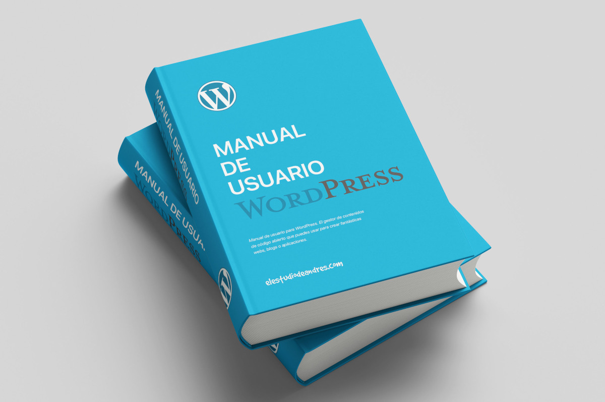 Libro Manual de Usuario WordPress con fondo azul, guía sobre el gestor de contenidos para crear webs y blogs.