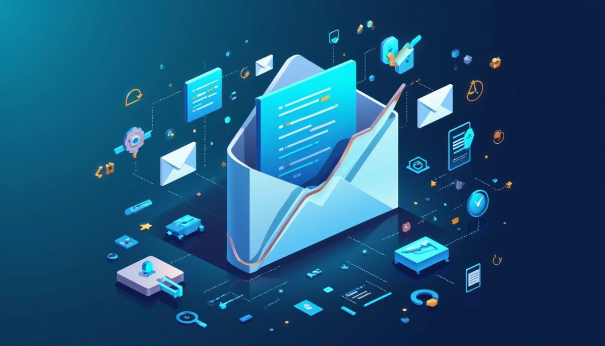 Icono de un sobre con gráficos y elementos digitales, representando la interacción y el análisis en comunicación por email.