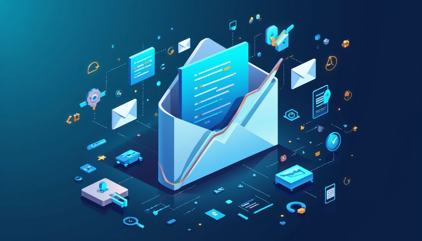 Icono de un sobre con gráficos y elementos digitales, representando la interacción y el análisis en comunicación por email.