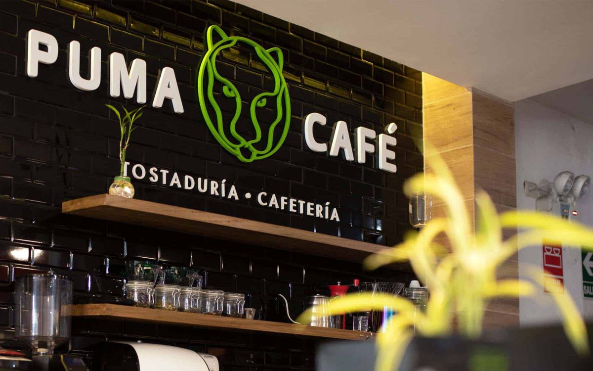 Logotipo de Puma Café, tostaduría y cafetería, con un diseño moderno y elementos decorativos en un ambiente acogedor.