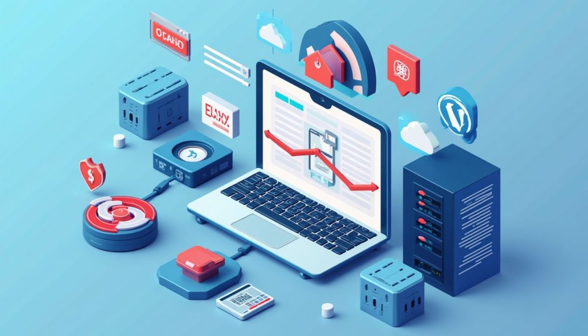 Ilustración de un entorno digital con laptop, iconos de tecnología y servidores, representando el SEO y la gestión web.