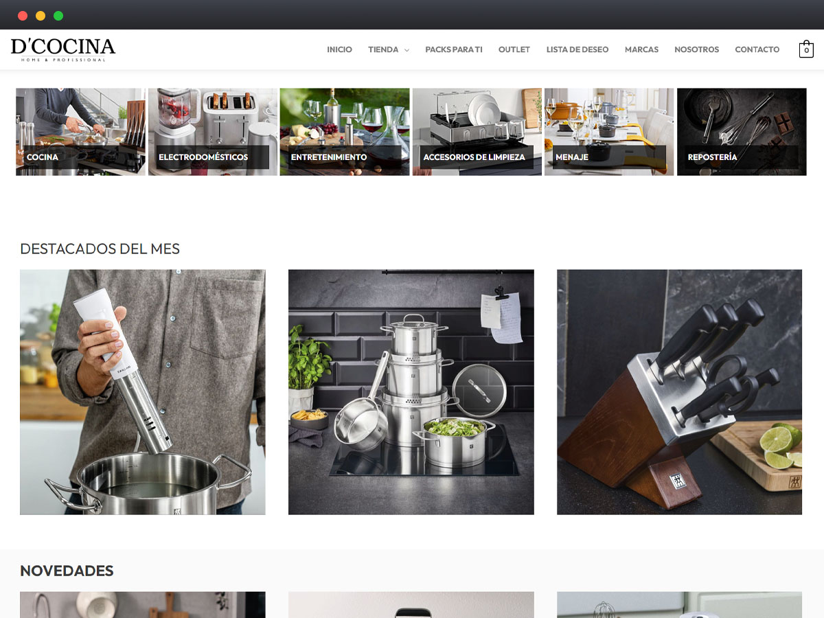 Productos de cocina destacados en D'Cocina: batidor, ollas, set de cuchillos.