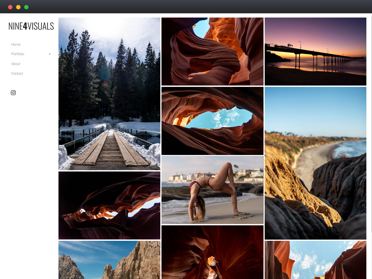 Galería visual con paisajes naturales, puentes al atardecer y yoga en la playa.