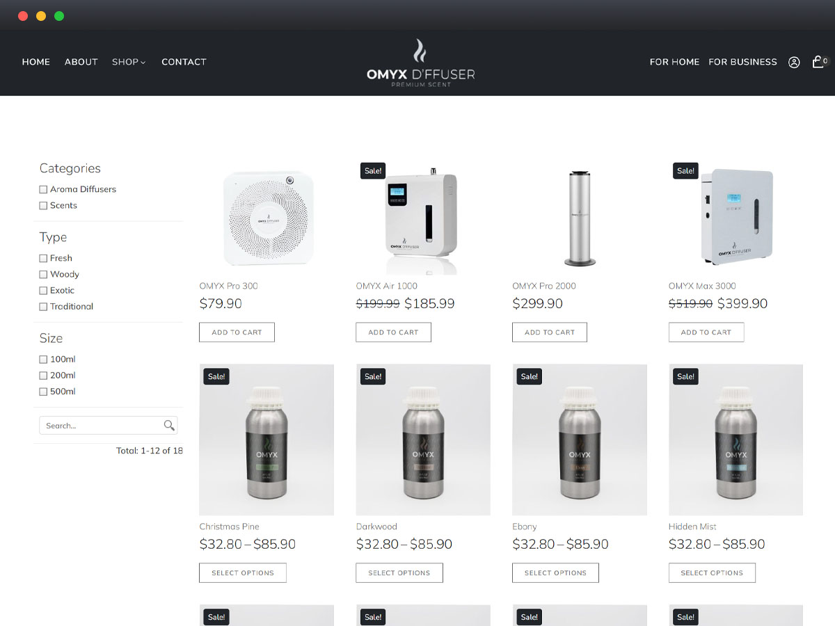 Página de productos Onyx Diffuser: difusores y aromas en venta con precios y opciones de compra.