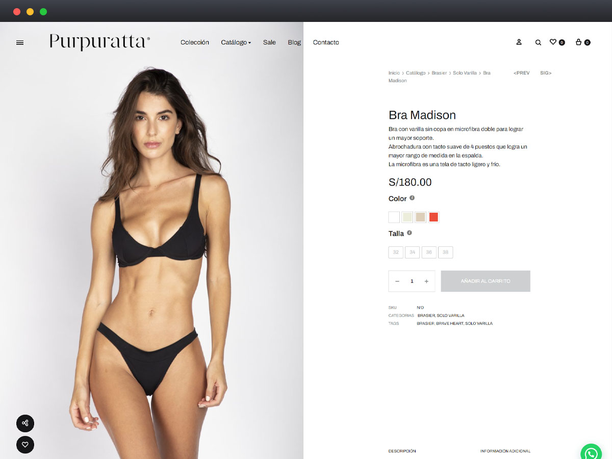 Woman modeling Purpuratta black bra and panties set on a product page with price and size options.
