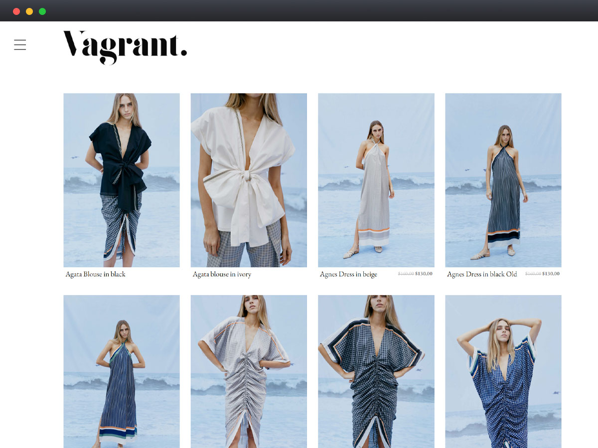 Vista previa de catálogo de ropa Vagrant, blusas y vestidos en varios colores sobre fondo azul.